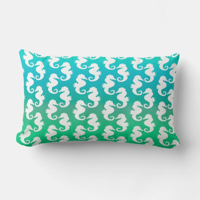 Cute Seahorse Pattern on Blue Green Lumbar Pillow (Front)