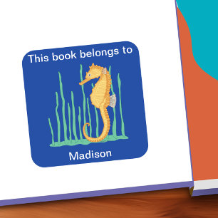Cute Seahorse This Belongs To Bookplate Square Sticker