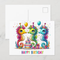 Cute seahorses happy birthday postcards