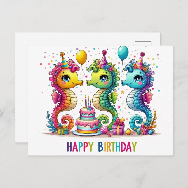 Cute seahorses happy birthday postcards (Front/Back)