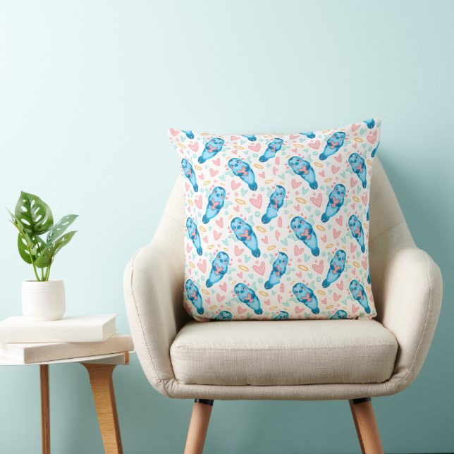 Cute Seal Hearts Blue Valentine Repeat Pattern Throw Pillow (Chair)