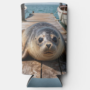 Cute Seal Laying on Boat Dock Ocean Pier Seltzer Can Cooler