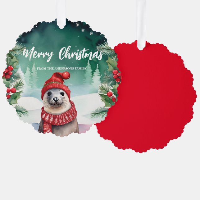 Cute seal sea lion Santa Xmas Holiday Party Family Ornament Card (Front/Back)
