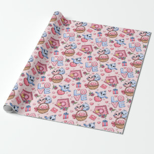 Cute seamless pattern with birds and hearts wrapping paper