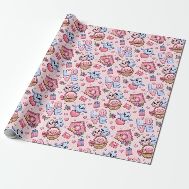 Cute seamless pattern with birds and hearts wrapping paper (Unrolled)