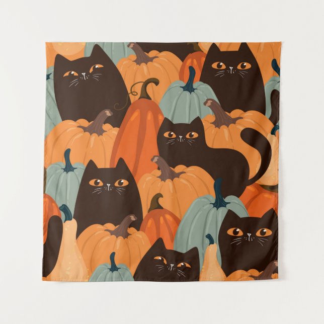 Cute seamless pattern with black cats and pumpkins tapestry (Front)