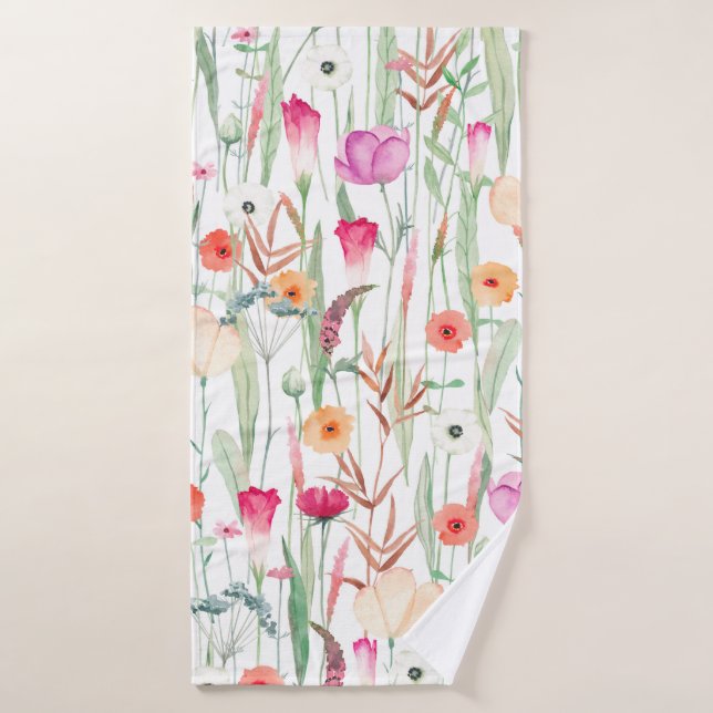 Cute seamless pattern with different wild flowers. bath towel (Bath Towel)