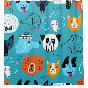 Cute seamless pattern with funny dogs on a blue ba