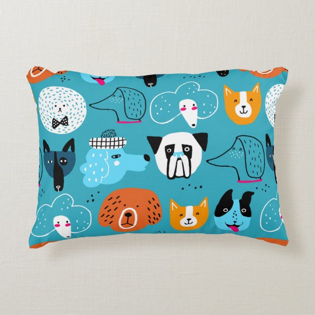 Cute seamless pattern with funny dogs on a blue ba accent pillow (Front)