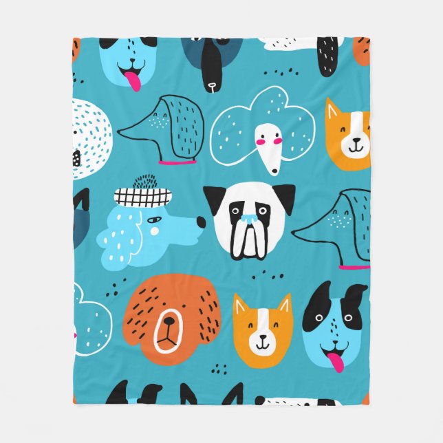 Cute seamless pattern with funny dogs on a blue ba fleece blanket (Front)
