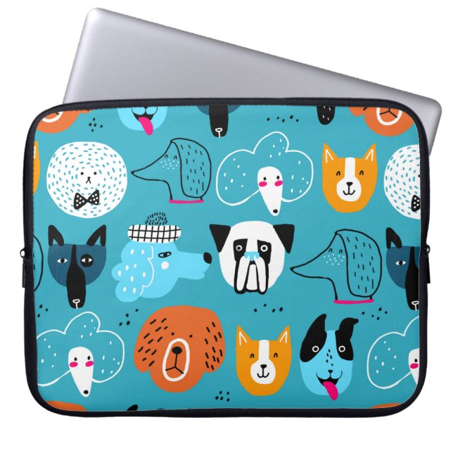 Cute seamless pattern with funny dogs on a blue ba laptop sleeve (Front)
