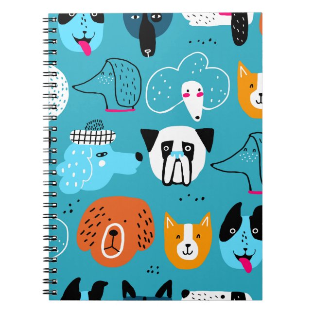 Cute seamless pattern with funny dogs on a blue ba notebook (Front)