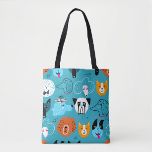 Cute seamless pattern with funny dogs on a blue ba tote bag