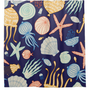 Cute seamless pattern with jellyfish, shells, fish