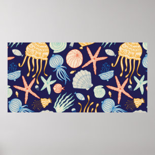 Cute seamless pattern with jellyfish, shells, fish poster