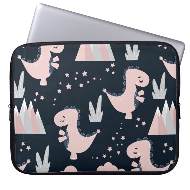 Cute seamless pattern with pink dinosaurs on a dar laptop sleeve (Front)