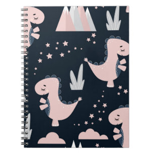 Cute seamless pattern with pink dinosaurs on a dar notebook