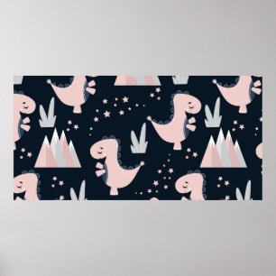 Cute seamless pattern with pink dinosaurs on a dar poster