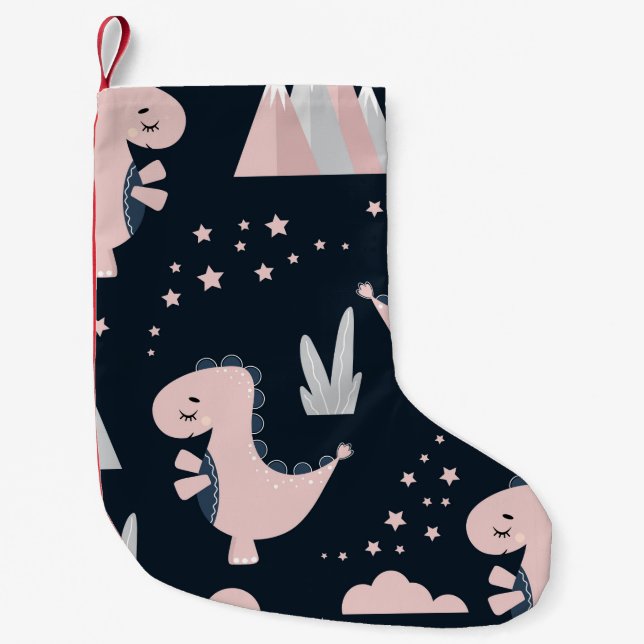Cute seamless pattern with pink dinosaurs on a dar small christmas stocking (Front)