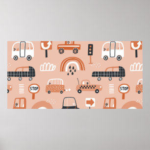 Cute seamless pattern with toy cars. Cartoon cars, Poster