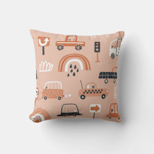 Cute seamless pattern with toy cars. Cartoon cars, Throw Pillow
