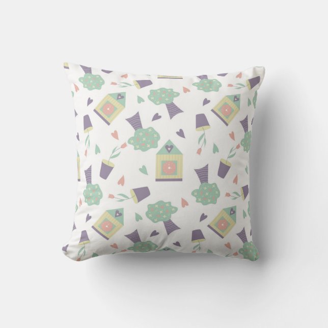 cute seamless pattern with trees, houses and flowe throw pillow (Front)