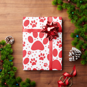 Cute Seamless Red Paw Print Holiday Wrapping Paper