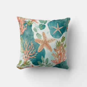 Cute Seashell Starfish Beachy Design Throw Pillow