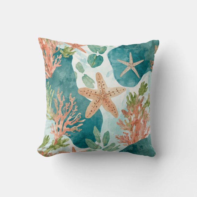 Cute Seashell Starfish Beachy Design Throw Pillow (Front)