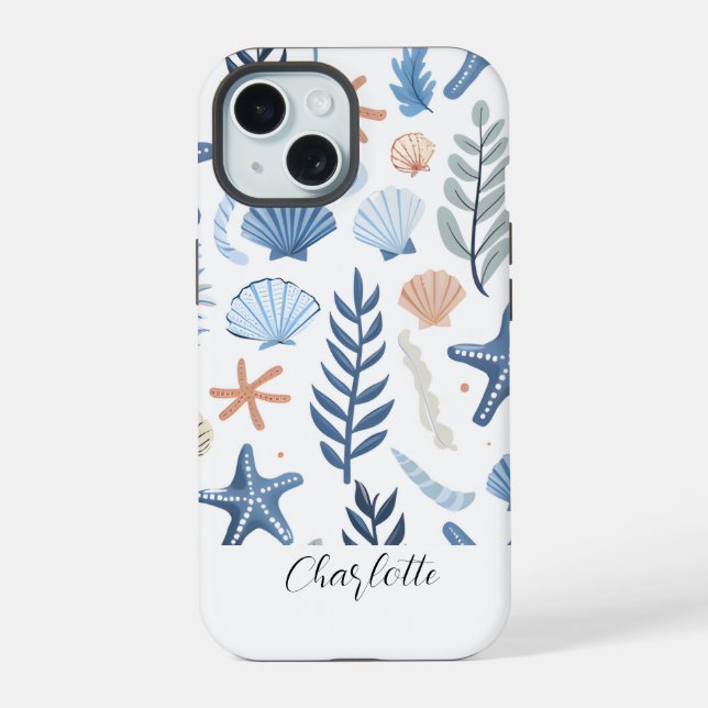 Cute Seashell Starfish Personalized Name iPhone 15 Case (Back)