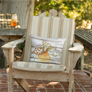 Cute Seashells Old Weathered Wooden Planks Pattern Outdoor Pillow