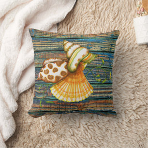 Cute Seashells Old Weathered Wooden Planks Pattern Throw Pillow