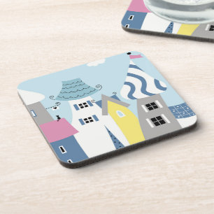Cute Seaside Town illustration Coaster