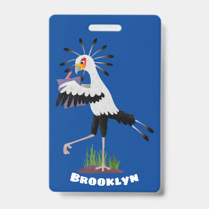 Cute secretary bird writing notes cartoon badge