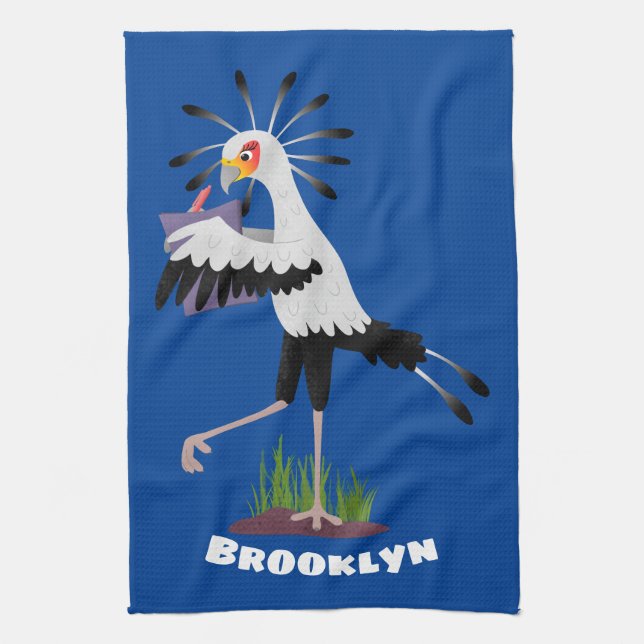 Cute secretary bird writing notes cartoon kitchen towel (Vertical)