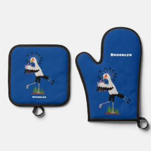Cute secretary bird writing notes cartoon oven mitt & pot holder set