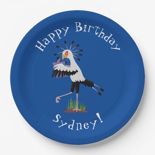 Cute secretary bird writing notes cartoon  paper plate (Front)