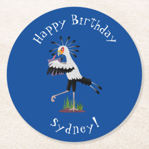 Cute secretary bird writing notes cartoon round paper coaster