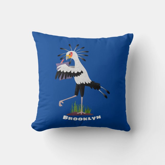 Cute secretary bird writing notes cartoon throw pillow (Front)