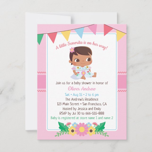 Cute Senorita Girl Floral Fiesta Baby Shower Invitation (Front)