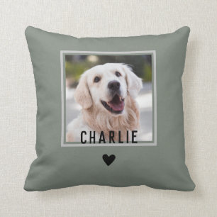 Cute Sentimental Green with Heart Dog Photo Name Throw Pillow