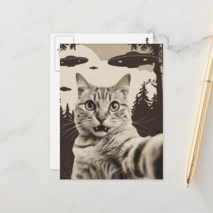Cute Sepia Kitty and UFOs Postcard