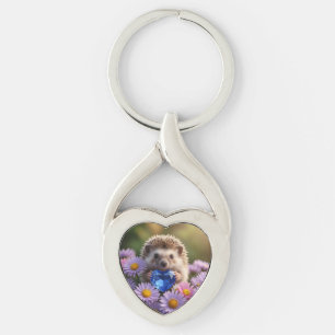 Cute September Hedgehog with Sapphire Heart Keychain