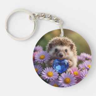 Cute September Hedgehog with Sapphire Heart Keychain