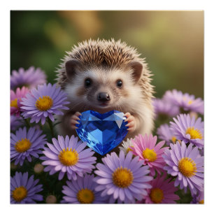 Cute September Hedgehog with Sapphire Heart Poster