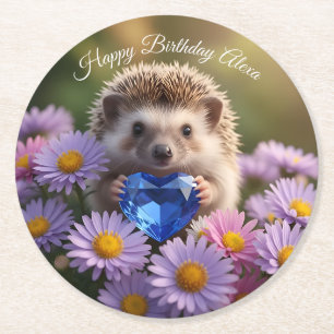 Cute September Hedgehog with Sapphire Heart Round Paper Coaster