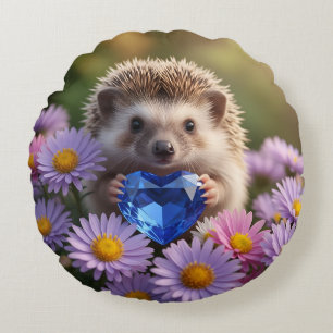 Cute September Hedgehog with Sapphire Heart Round Pillow