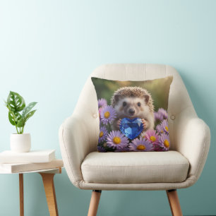 Cute September Hedgehog with Sapphire Heart Throw Pillow