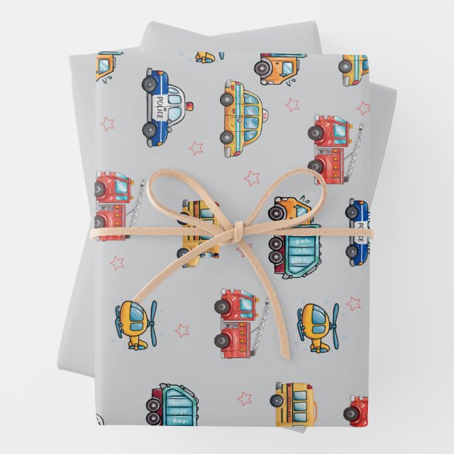 Cute Service Vehicles  Wrapping Paper Sheet (In situ)