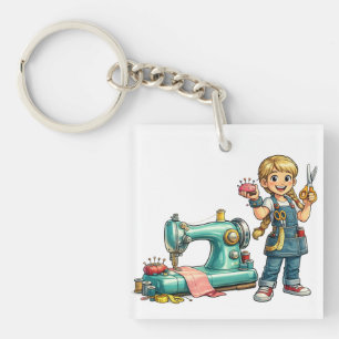 Cute Sewing Girl Cartoon with Vintage Machine Keychain